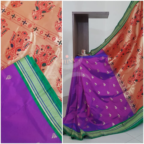 Purple silk paithani with contrasting pallu and blouse.