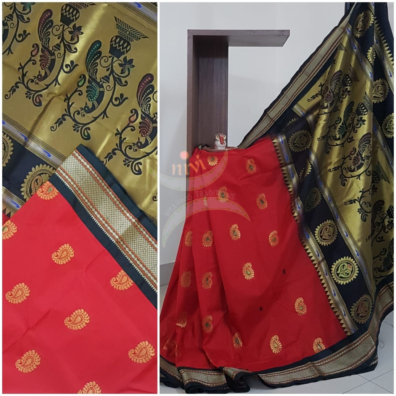 Red silk paithani with contrasting pallu and blouse.