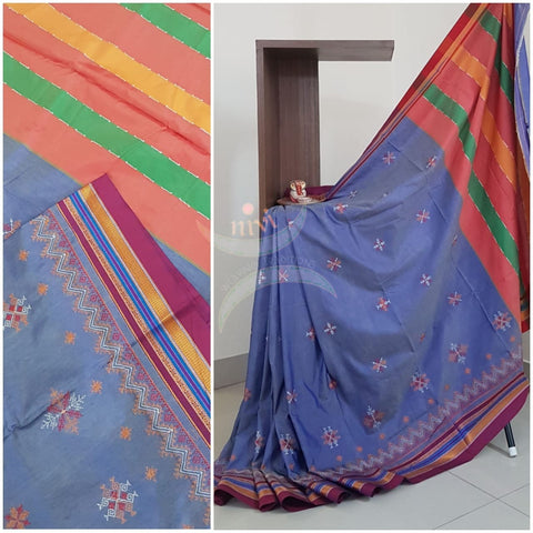 Bluish Mauve with pink cotton blend ilkal with traditional kasuti embroidery