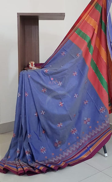 Bluish Mauve with pink cotton blend ilkal with traditional kasuti embroidery