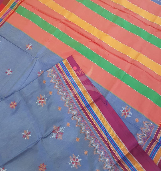 Bluish Mauve with pink cotton blend ilkal with traditional kasuti embroidery