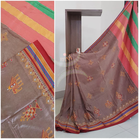 Beige with red cotton blend ilkal with traditional kasuti embroidery