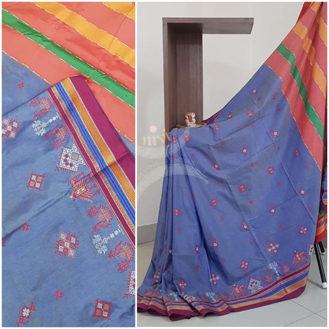 Bluish Mauve with pink cotton blend ilkal with traditional kasuti embroidery