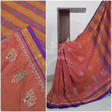 Rust orange with purple cotton blend ilkal with traditional kasuti embroidery