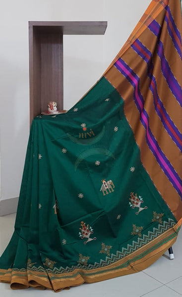 Bottle Green with mustard cotton blend ilkal with traditional kasuti embroidery