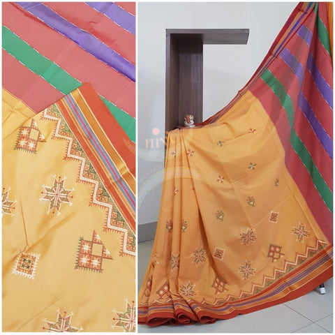 Cream with red cotton blend ilkal with traditional kasuti embroidery