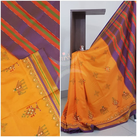 Yellow with purple cotton blend ilkal with traditional kasuti embroidery