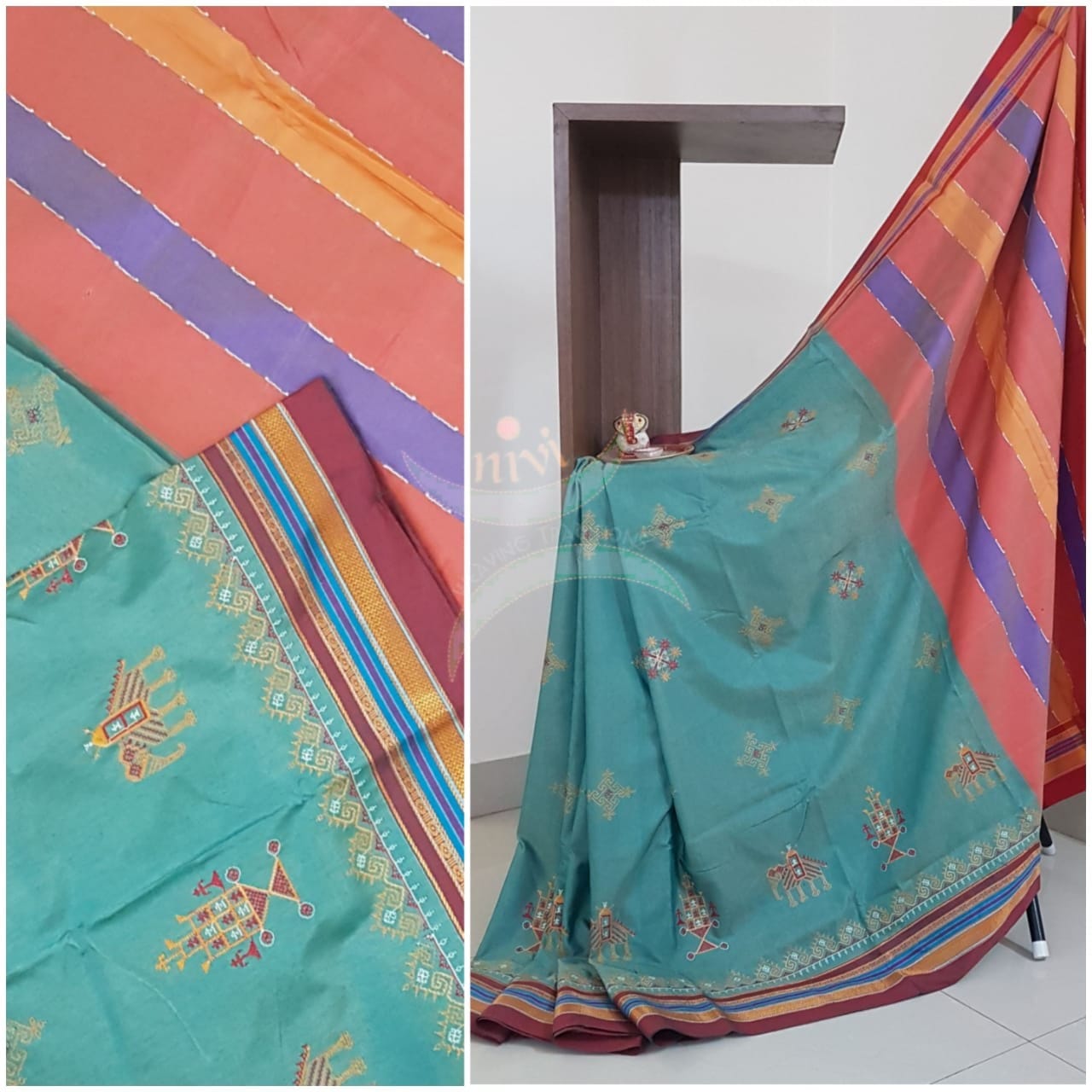 Blue with red cotton blend ilkal with traditional kasuti embroidery