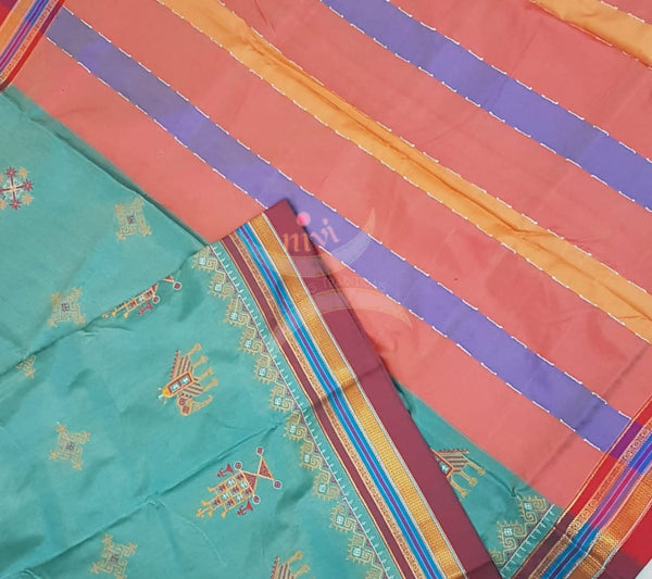 Blue with red cotton blend ilkal with traditional kasuti embroidery