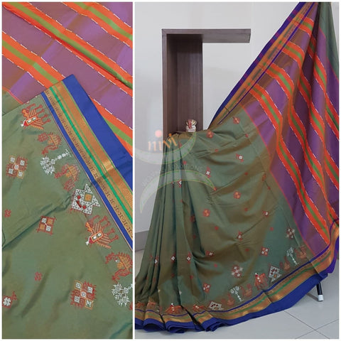 Green with blue cotton blend ilkal with traditional kasuti embroidery