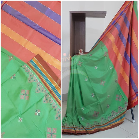 Green with maroon cotton blend ilkal with traditional kasuti embroidery
