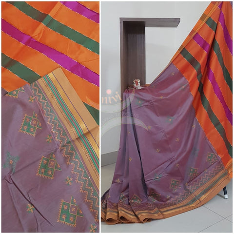 Mauvish brown  with mustard cotton blend ilkal with traditional kasuti embroidery