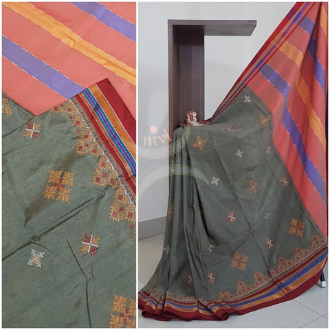 Grey with red cotton blend ilkal with traditional kasuti embroidery