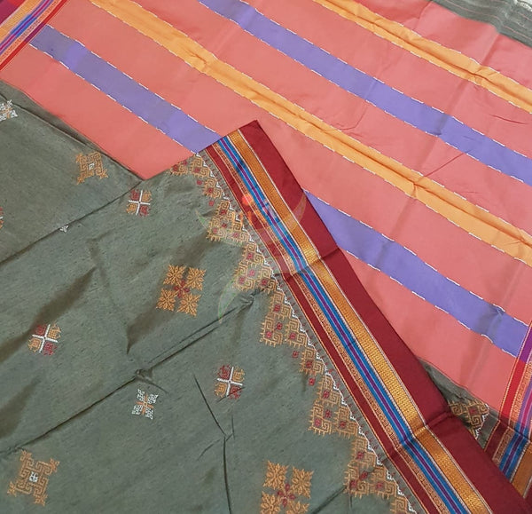Grey with red cotton blend ilkal with traditional kasuti embroidery