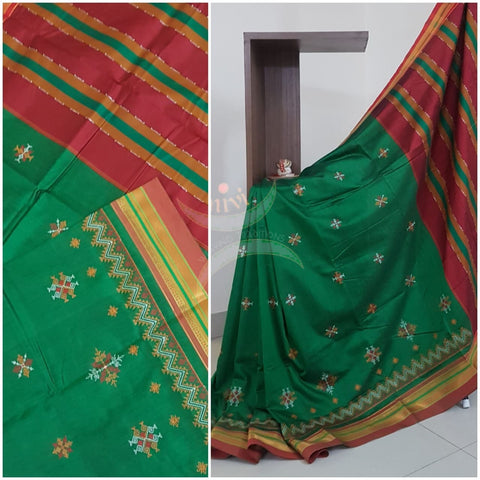 Green with red cotton blend ilkal with traditional kasuti embroidery