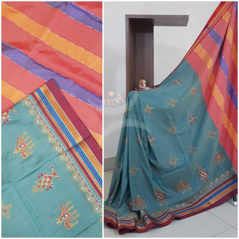 Blue with red cotton blend ilkal with traditional kasuti embroidery