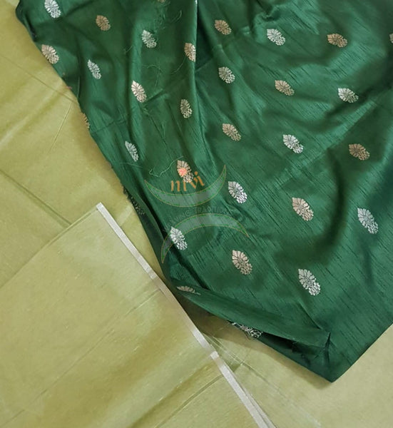 Green Tissue Bengal saree with brocade blouse.