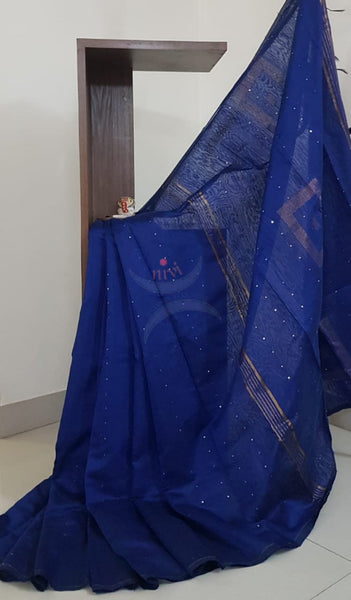 Royal blue Bengal handloom woven saree with sequins work.