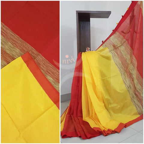Yellow with red patli pallu Bengal handloom cotton with geecha pallu