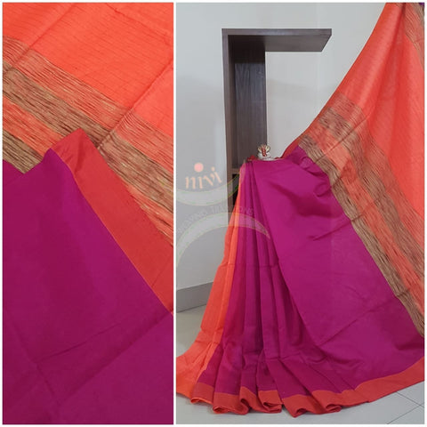 Pink with orange patli pallu Bengal handloom cotton with geecha pallu
