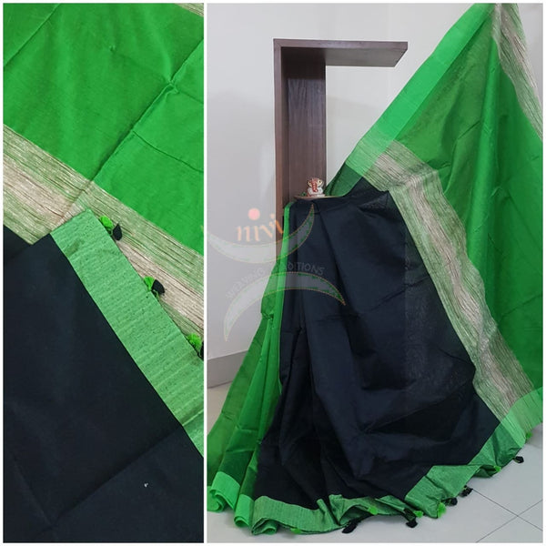 Black with green patli pallu Bengal handloom cotton with geecha pallu