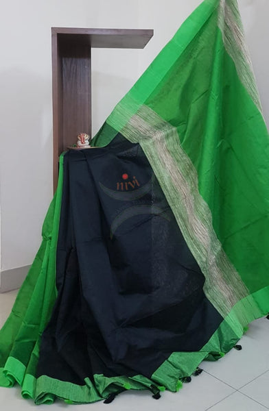 Black with green patli pallu Bengal handloom cotton with geecha pallu