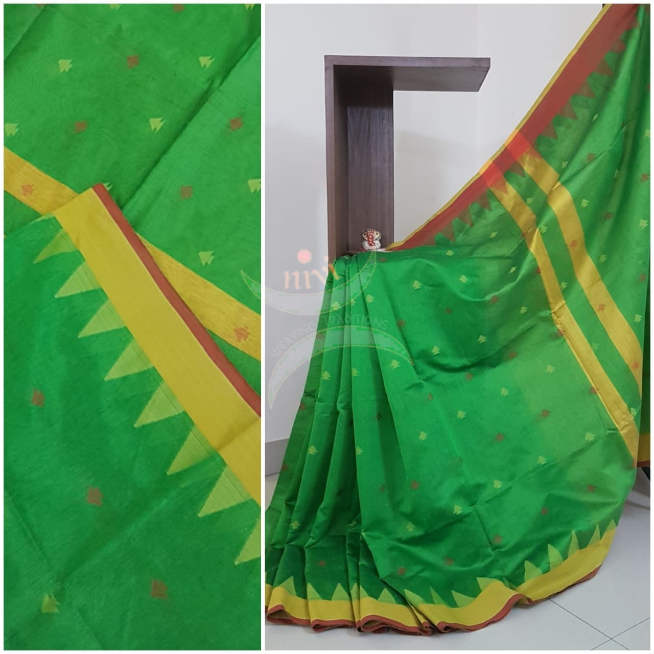 Green Bengal handloom woven saree with temple border and contrast pallu.