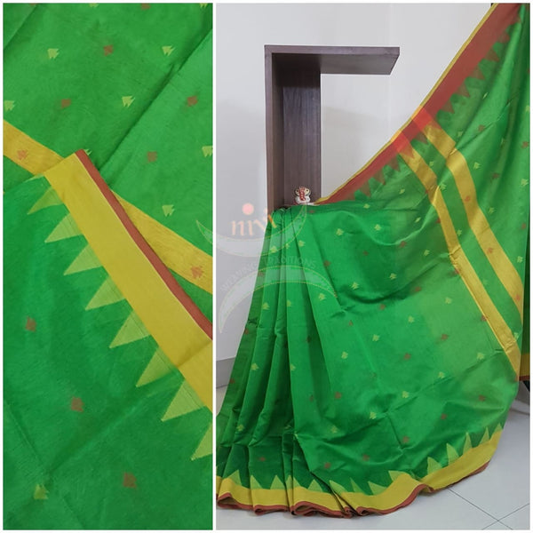 Green Bengal handloom woven saree with temple border and contrast pallu.