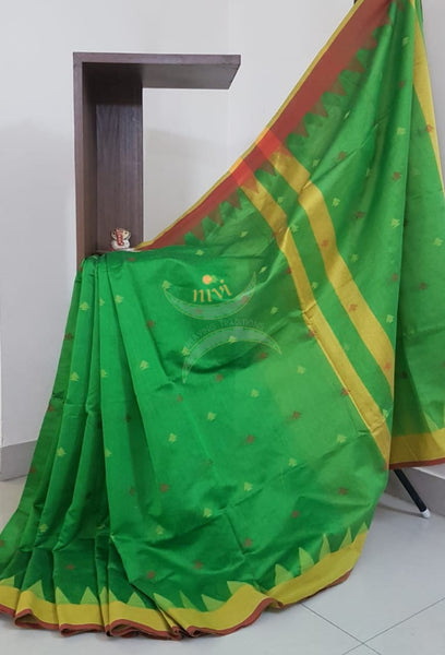 Green Bengal handloom woven saree with temple border and contrast pallu.