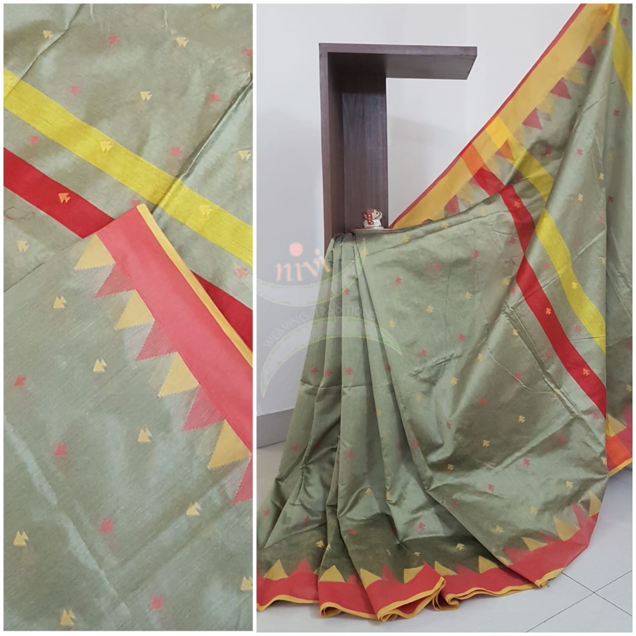 Grey Bengal handloom woven saree with temple border and contrast pallu.