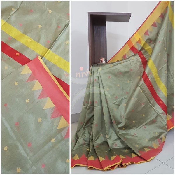 Grey Bengal handloom woven saree with temple border and contrast pallu.