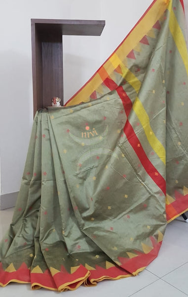 Grey Bengal handloom woven saree with temple border and contrast pallu.