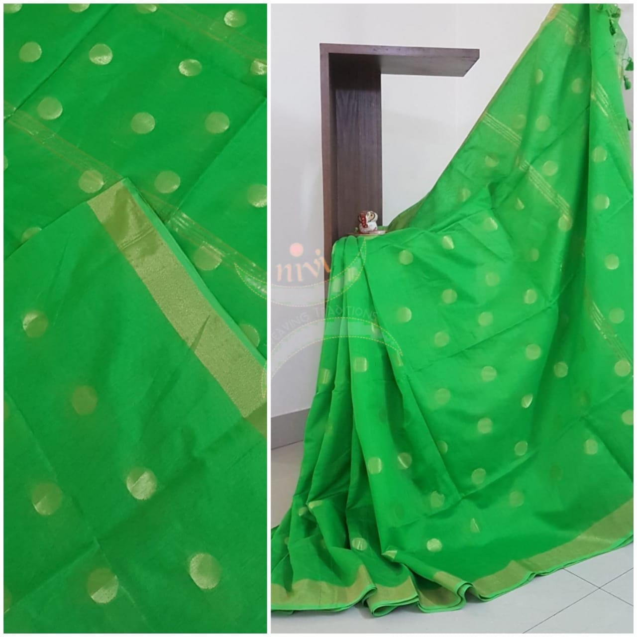 Green Bengal handloom woven saree with tissue border and allover woven booties.