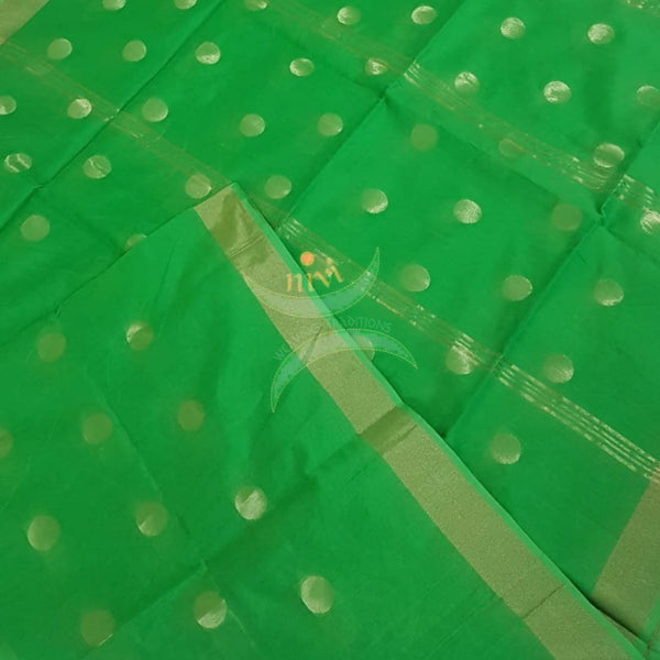 Green Bengal handloom woven saree with tissue border and allover woven booties.