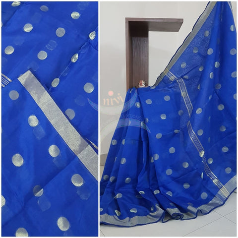 Royal Blue Bengal handloom woven saree with tissue border and allover woven booties.