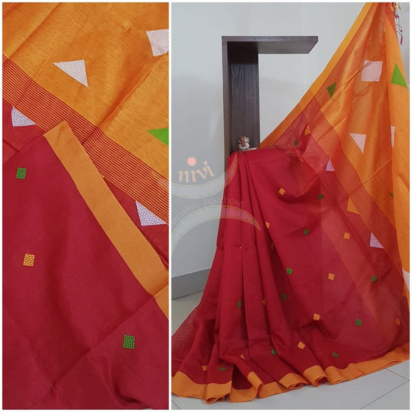 Red Bengal handloom woven saree with contrasting pallu.