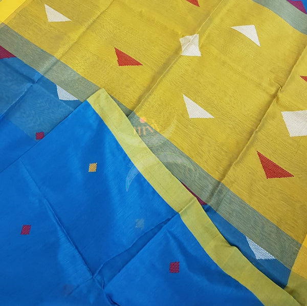 Blue Bengal handloom woven saree with contrasting pallu.