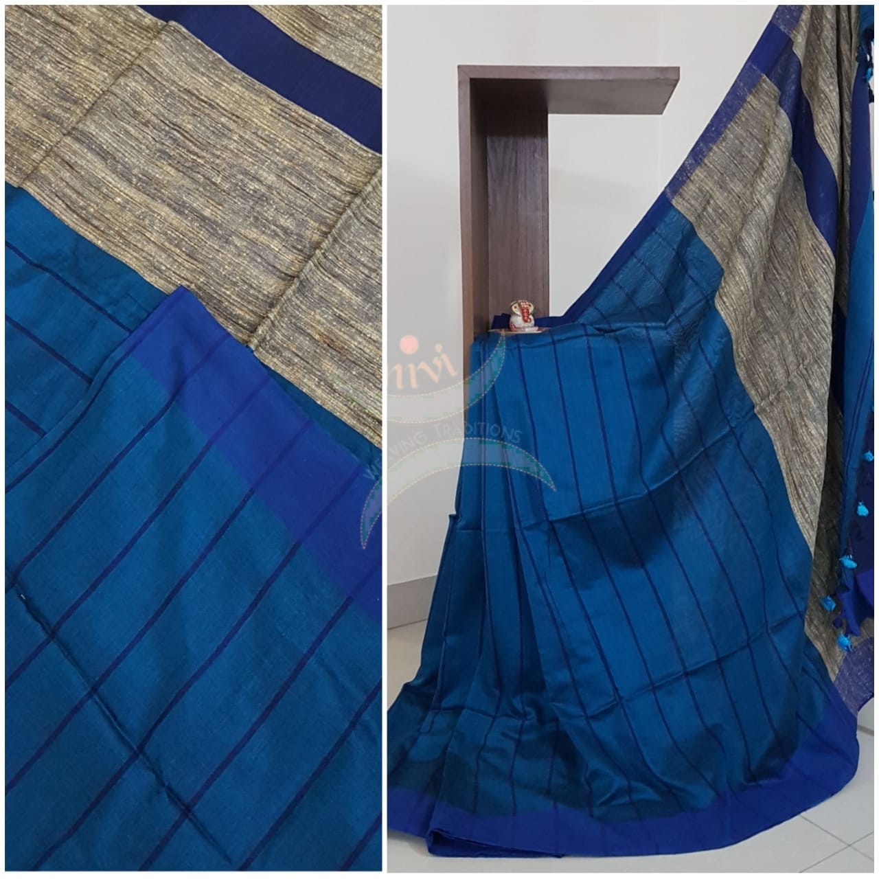 Blue Bengal handloom striped woven saree with geecha pallu.