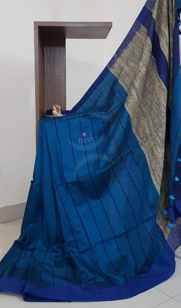 Blue Bengal handloom striped woven saree with geecha pallu.