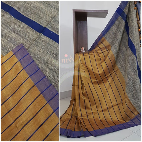 Mustard Bengal handloom striped woven saree with geecha pallu.