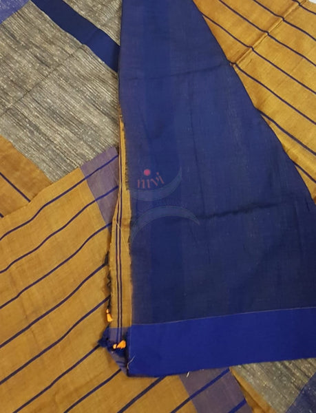 Mustard Bengal handloom striped woven saree with geecha pallu.