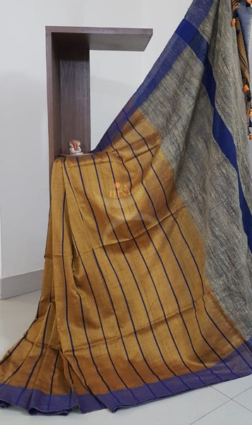 Mustard Bengal handloom striped woven saree with geecha pallu.