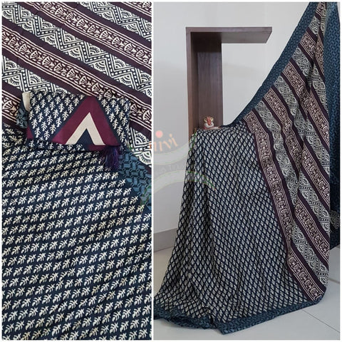 Blue Semi Pashmina Printed Saree with geometric print.Saree comes with Stole and contrasting printed blouse.