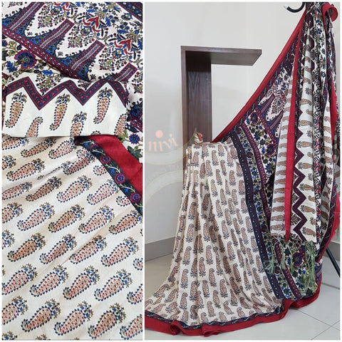 Off white Semi Pashmina Printed Saree with floral print.Saree comes with Stole and contrasting printed blouse.