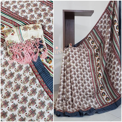 Off white Semi Pashmina Printed Saree with floral print.Saree comes with Stole and contrasting printed blouse.