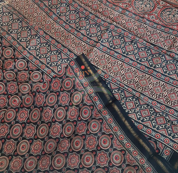 Ajrak handblock printed Chanderi saree