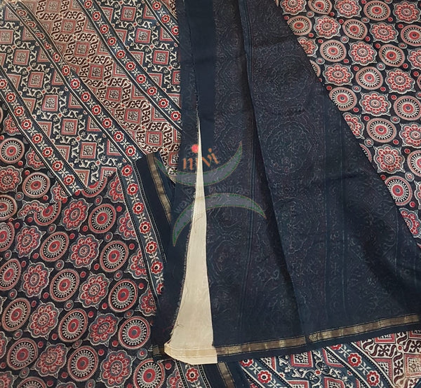 Ajrak handblock printed Chanderi saree