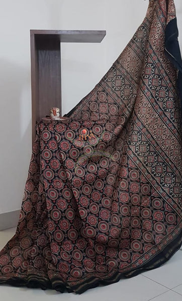 Ajrak handblock printed Chanderi saree