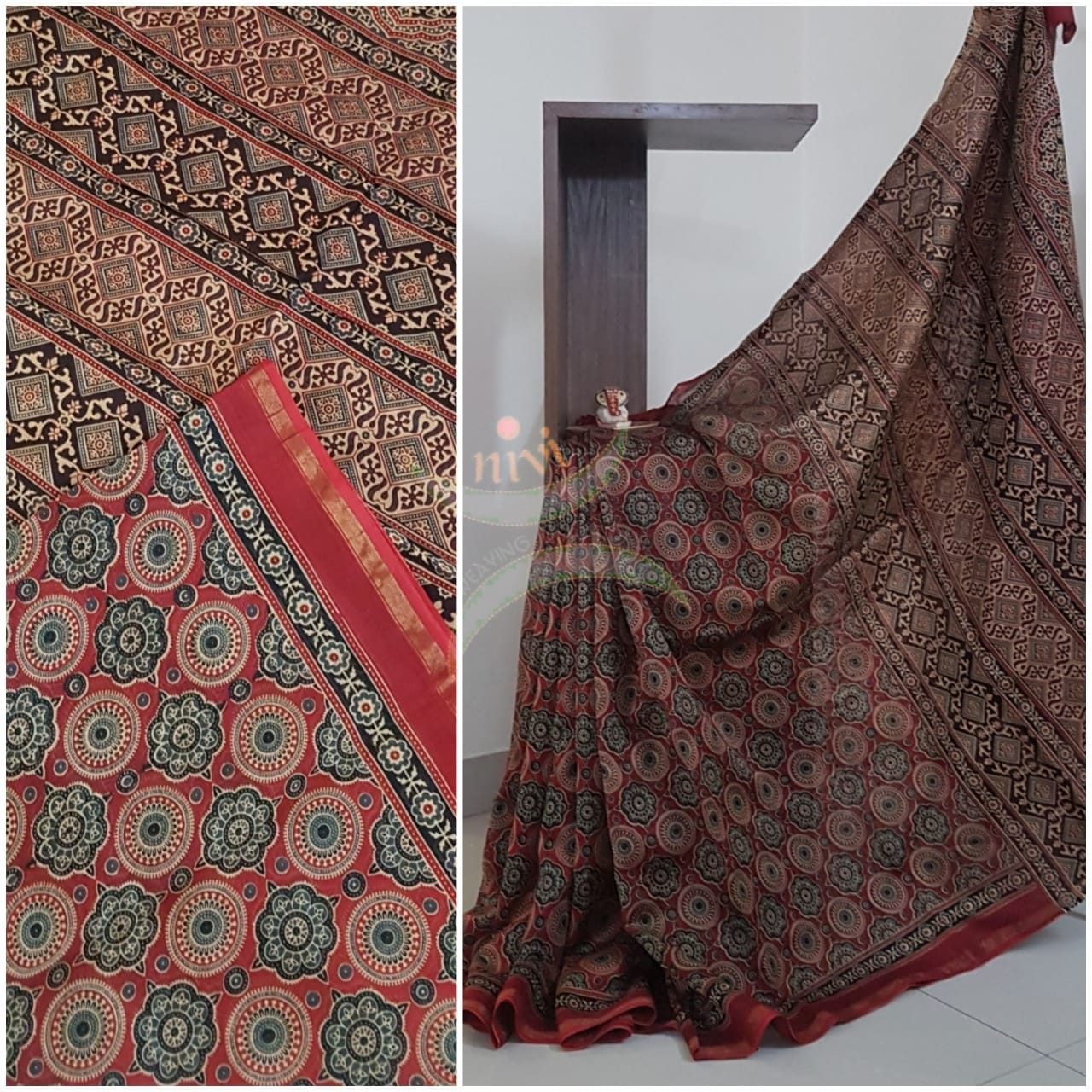Ajrak handblock printed Chanderi saree