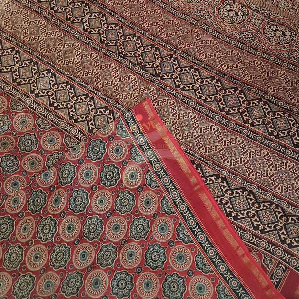 Ajrak handblock printed Chanderi saree
